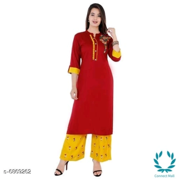 Embroidered Long Kurti With Palazzos - M, Rayon, Kurti With Palazoos